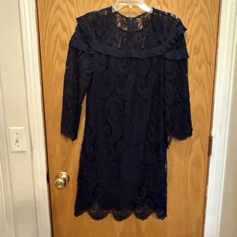 LAUNDRY | SHELLI SEGAL Navy Crochet Lace 3/4 Sleeve Shift Party Dress Size 8